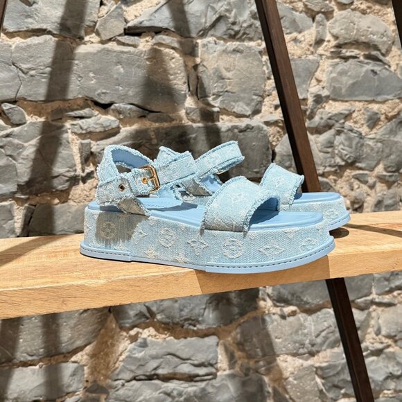 Louis Vuitton Light Blue Denim Monogram Maya Platform Sandals - Picture 1 of 11